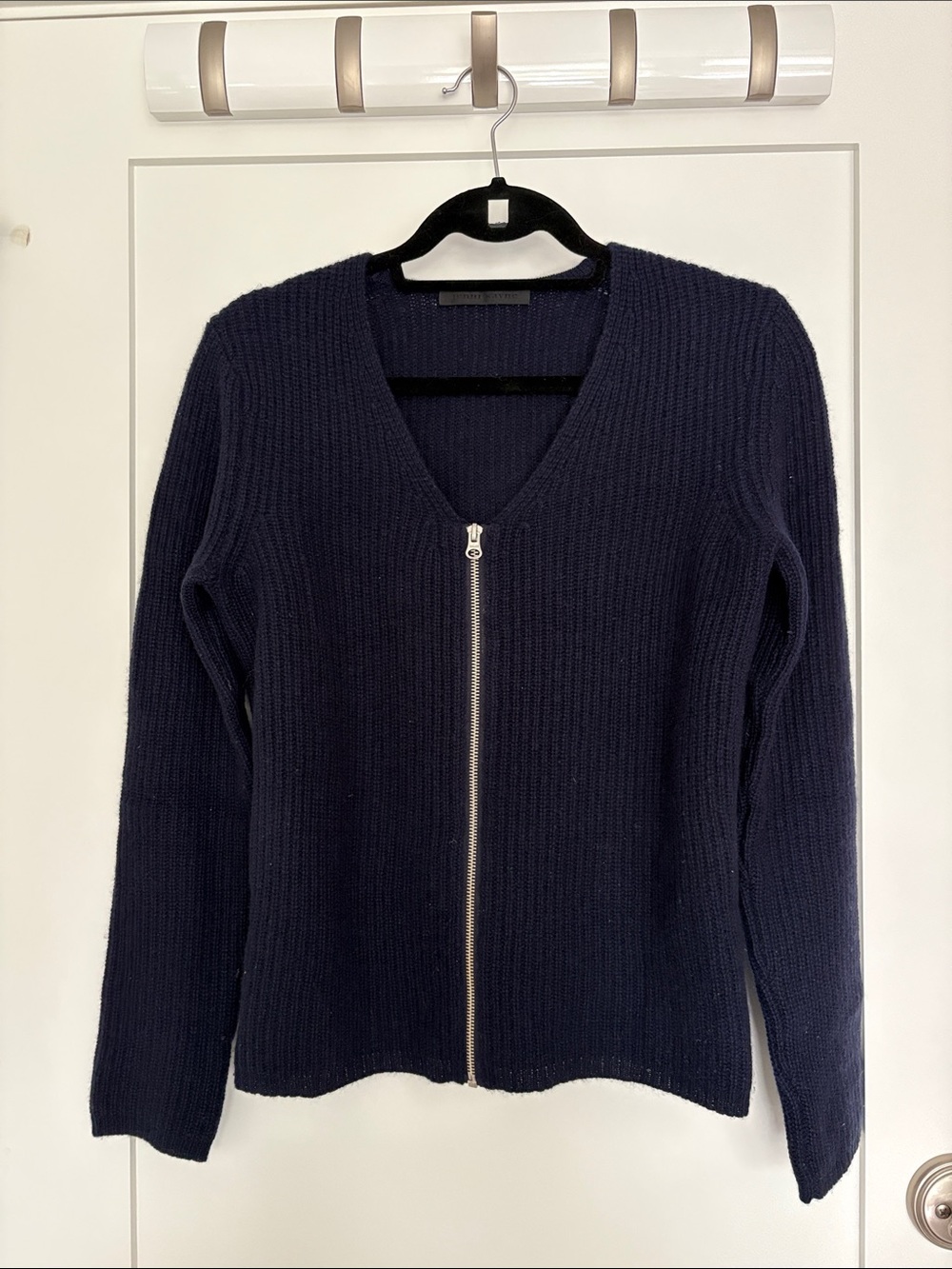 Jenni Kayne Navy Zip-Front V-Neck Ribbed Cashmere Sweater